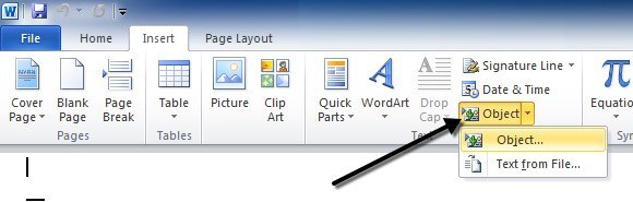 how to insert text as an object in word