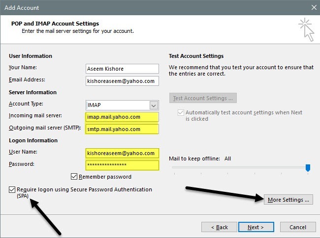 yahoo mail settings for outlook 2016 pop3