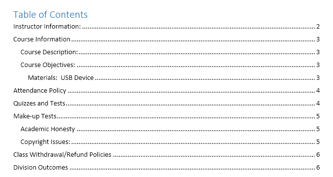 how to create table of contents in word